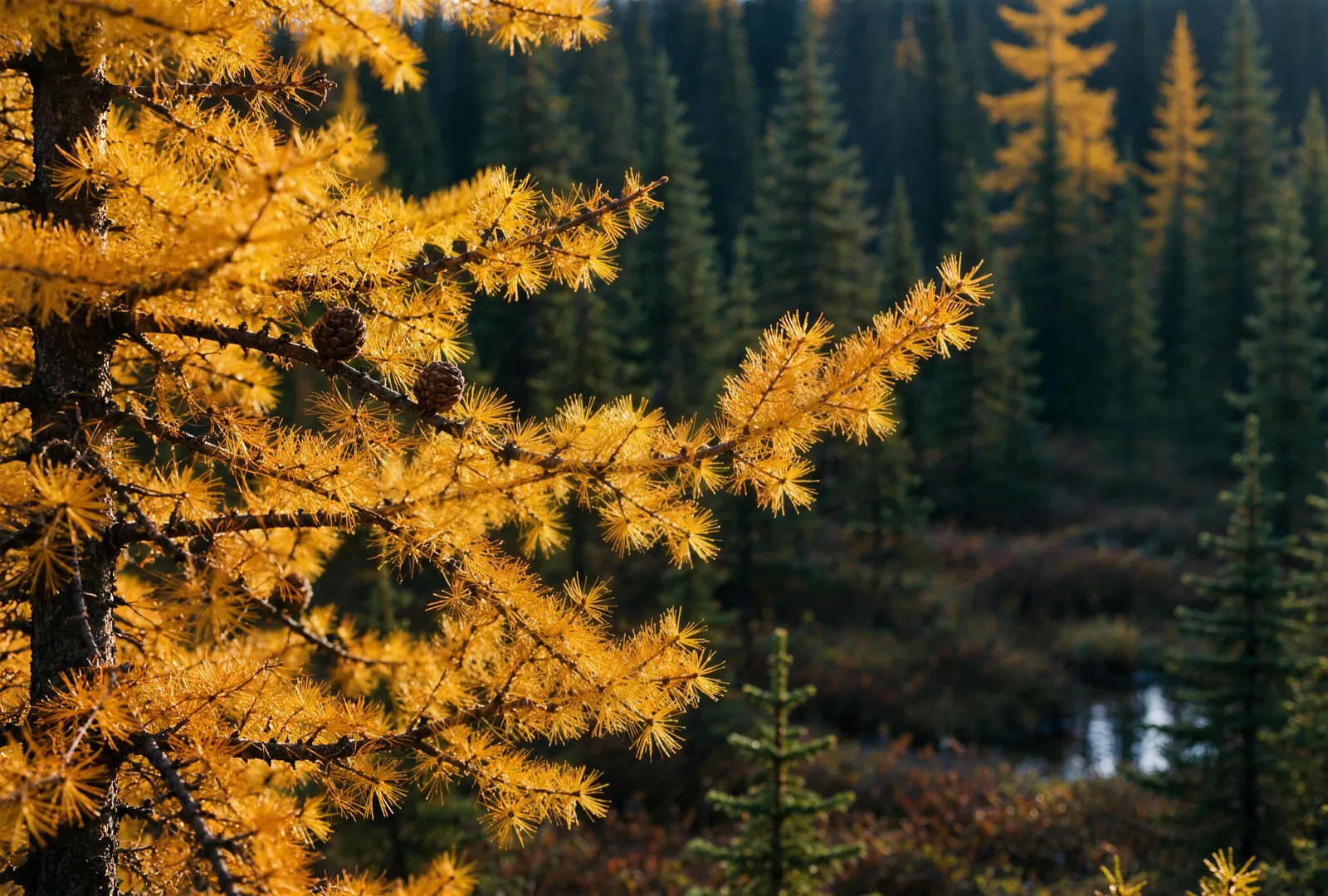 Tamarack branches in golden fall color against a dark spruce bog