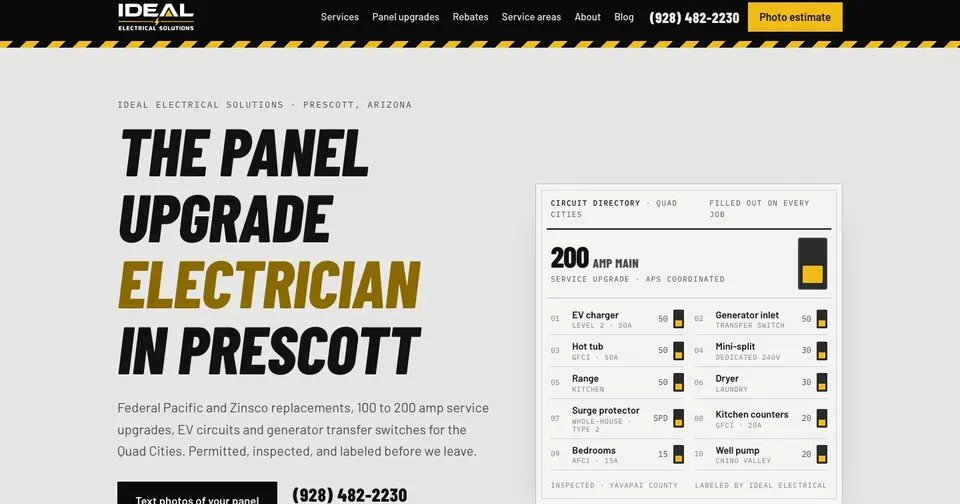 Ideal Electrical Solutions website hero styled like a panel directory