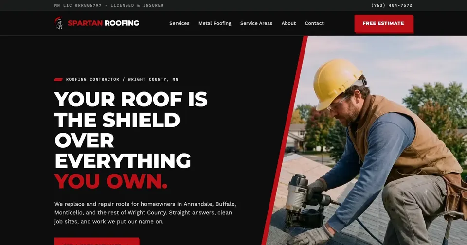 Spartan Roofing website hero with a roofer nailing shingles